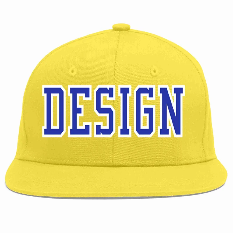 Baseball Cap With Unique Features-Custom Light Gold Royal-White Flat Eaves Sport Baseball Cap Design for Men/Women/Youth