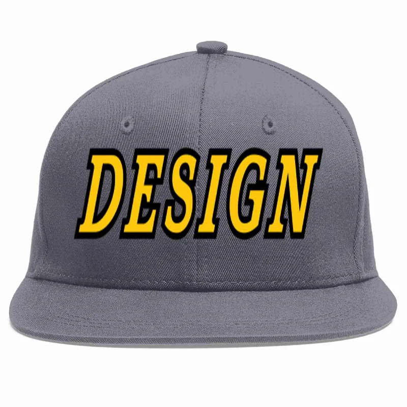 Baseball Cap With Custom Names-Custom Dark Gray Gold-Black Flat Eaves Sport Baseball Cap Design for Men/Women/Youth