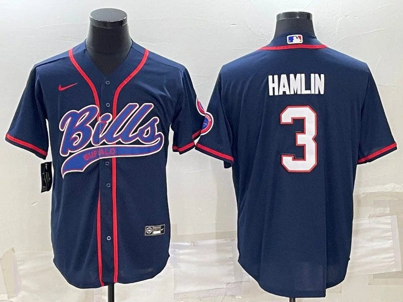 Baseball Jersey For High School Leagues-Men's Buffalo Bills #3 Damar Hamlin Navy With Patch Cool Base Stitched Baseball Jersey