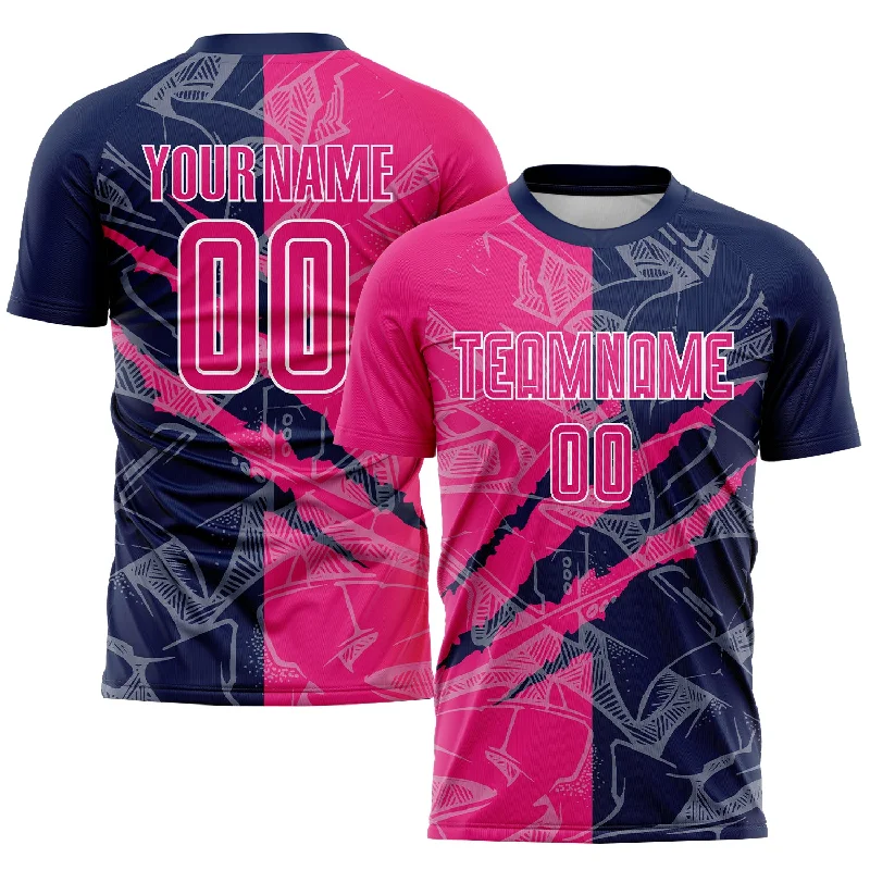 Football Jersey With Team Mascot-Custom Graffiti Pattern Hot Pink-Navy Scratch Sublimation Soccer Uniform Jersey