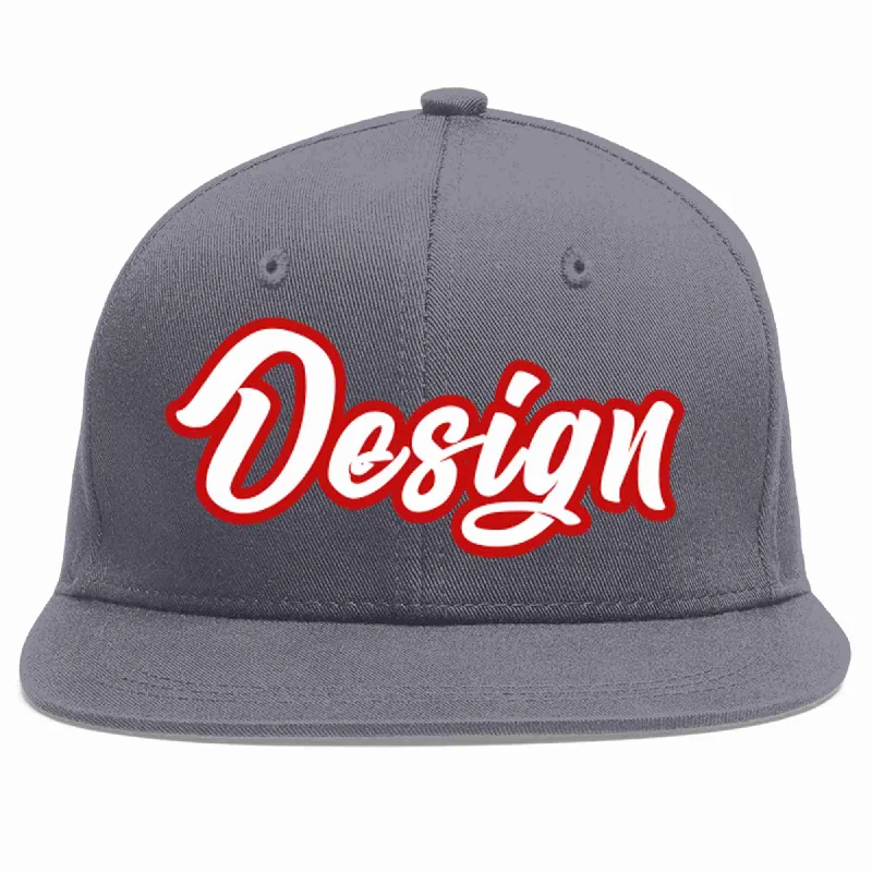 Baseball Cap With Embroidered Logo-Custom Dark Gray White-Red Flat Eaves Sport Baseball Cap Design for Men/Women/Youth