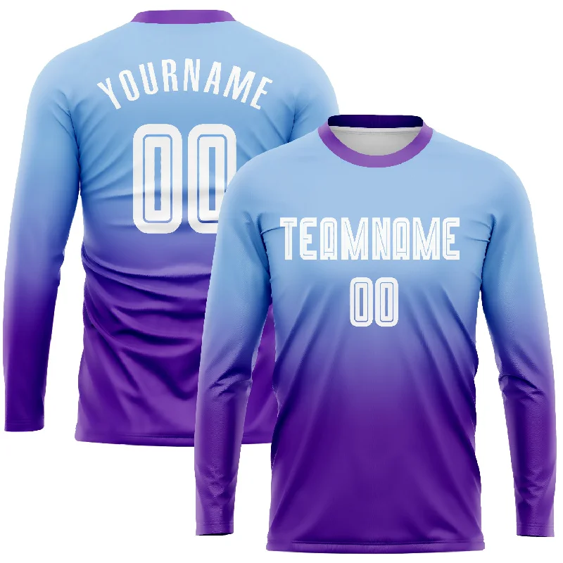 Football Jersey For League Teams-Custom Light Blue White-Purple Sublimation Long Sleeve Fade Fashion Soccer Uniform Jersey