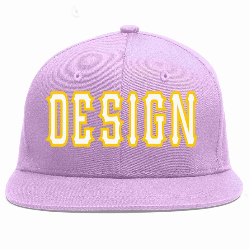 Baseball Cap With Classic Text-Custom Light Purple White-Gold Flat Eaves Sport Baseball Cap Design for Men/Women/Youth