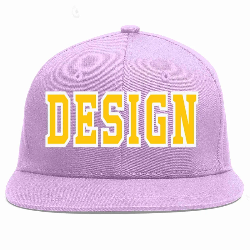 Baseball Cap With Bold Color Combinations-Custom Light Purple Gold-White Flat Eaves Sport Baseball Cap Design for Men/Women/Youth