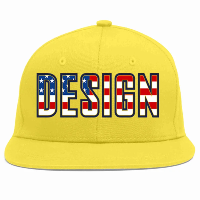 Baseball Cap With Embroidered Designs-Custom Light Gold Vintage USA Flag-Gold Flat Eaves Sport Baseball Cap Design for Men/Women/Youth