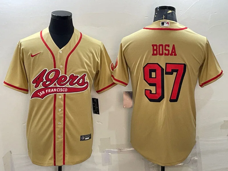 Baseball Jersey For Fan Favorites-Men's San Francisco 49ers #97 Nick Bosa New Gold With Patch Cool Base Stitched Baseball Jersey