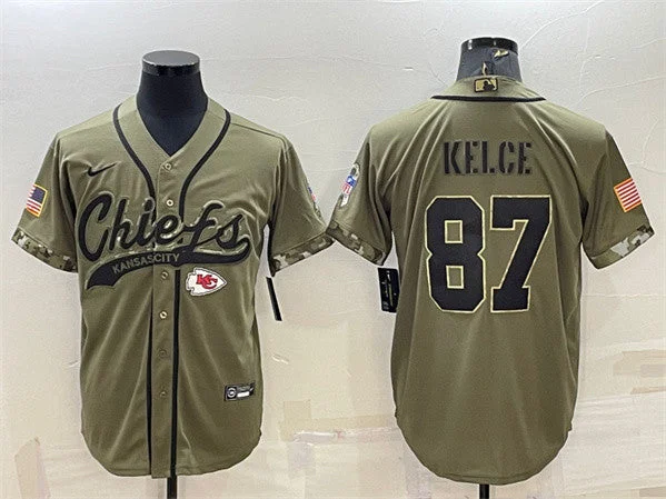 Baseball Jersey For Group Events-Men's Kansas City Chiefs #87 Travis Kelce 2022 Olive Salute to Service Cool Base Stitched Baseball Jersey