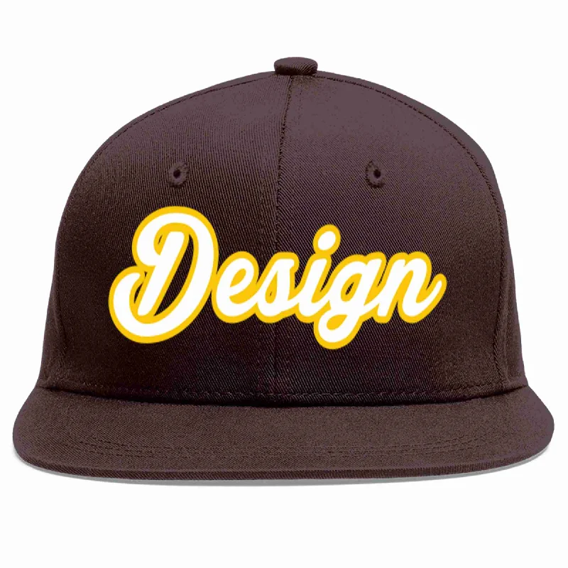 Baseball Cap With Custom Names-Custom Brown White-Gold Flat Eaves Sport Baseball Cap Design for Men/Women/Youth