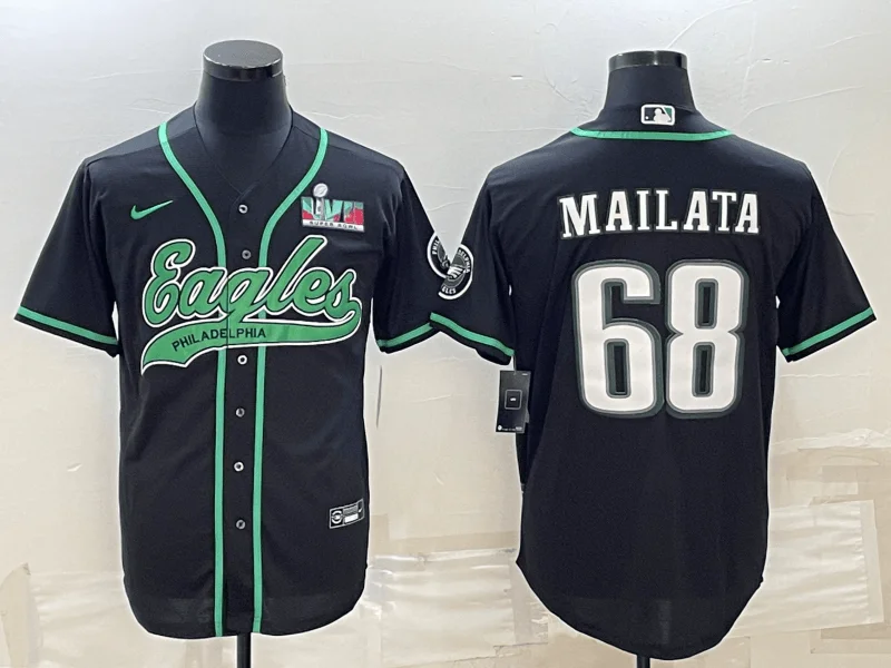 Baseball Jersey For High School Teams-Men's Philadelphia Eagles #68 Jordan Mailata Black With Super Bowl LVII Patch Cool Base Stitched Baseball Jersey