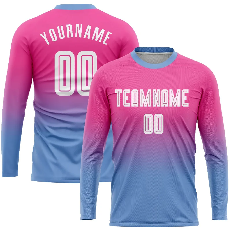 Football Jersey For Kids With Player Names-Custom Pink White-Light Blue Sublimation Long Sleeve Fade Fashion Soccer Uniform Jersey