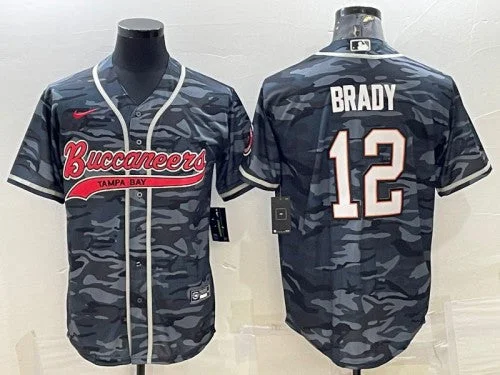 Custom Baseball Jersey-Men's Tampa Bay Buccaneers #12 Tom Brady Gray Camo With Patch Cool Base Stitched Baseball Jersey