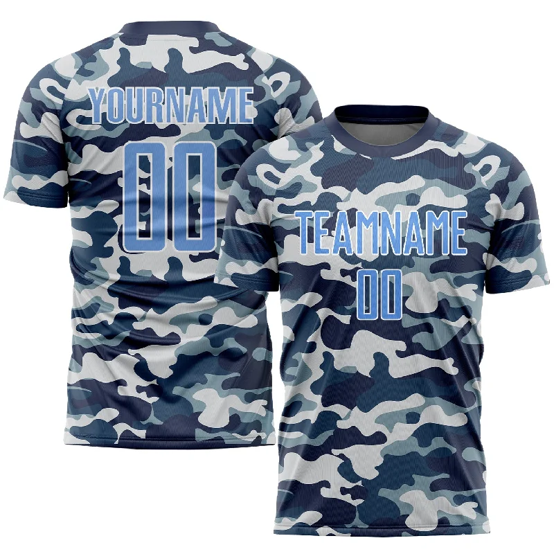 Football Jersey With Team Mascot-Custom Camo Light Blue-Royal Sublimation Salute To Service Soccer Uniform Jersey