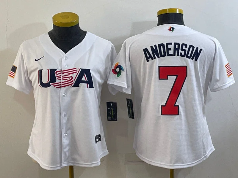 Baseball Jersey For Pre-Game Preparation-USA 7 Tim Anderson White Women 2023 World Baseball Classic Jersey