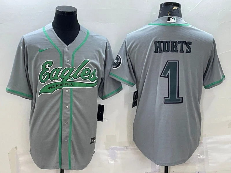 Baseball Jersey For Major League Fans-Men's Philadelphia Eagles #1 Jalen Hurts Gray With Patch Cool Base Stitched Baseball Jersey