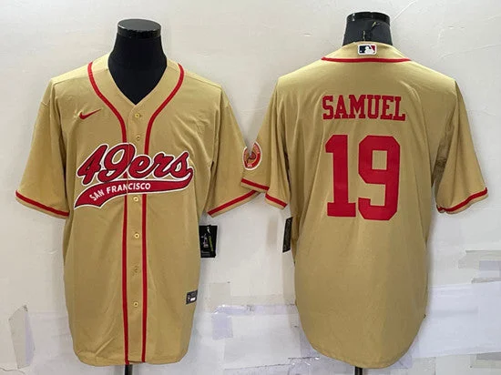 Baseball Jersey For Indoor And Outdoor Play-Men's San Francisco 49ers #19 Deebo Samuel Gold With Patch Cool Base Stitched Baseball Jersey