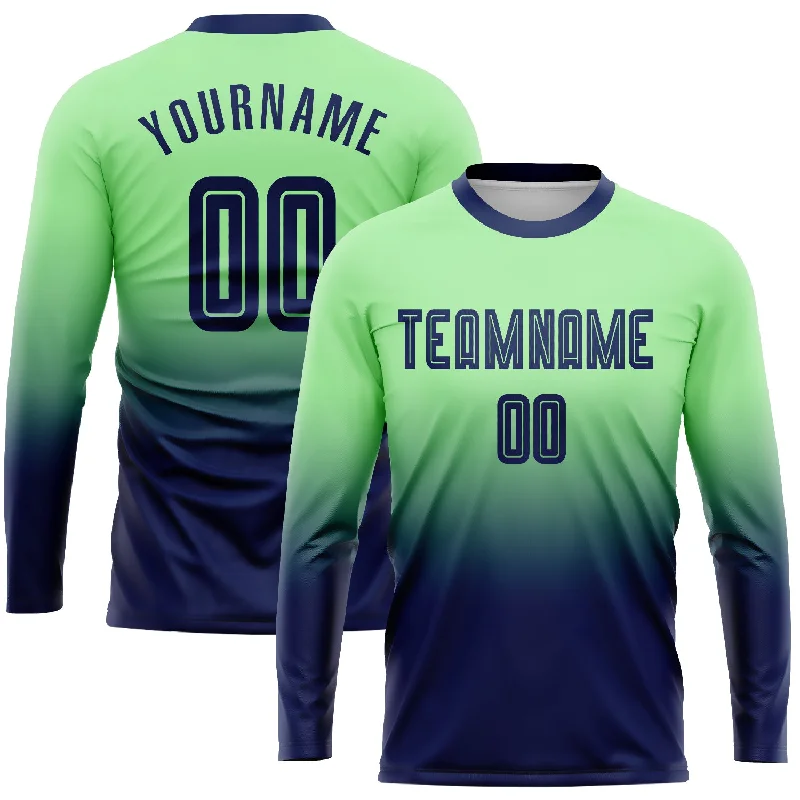 Football Jersey For Comfortable Wear-Custom Pea Green Navy Sublimation Long Sleeve Fade Fashion Soccer Uniform Jersey