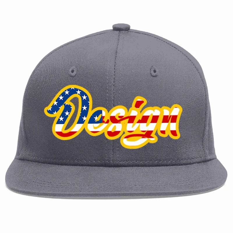 Baseball Cap With Custom Patch-Custom Dark Gray Vintage USA Flag-Gold Flat Eaves Sport Baseball Cap Design for Men/Women/Youth