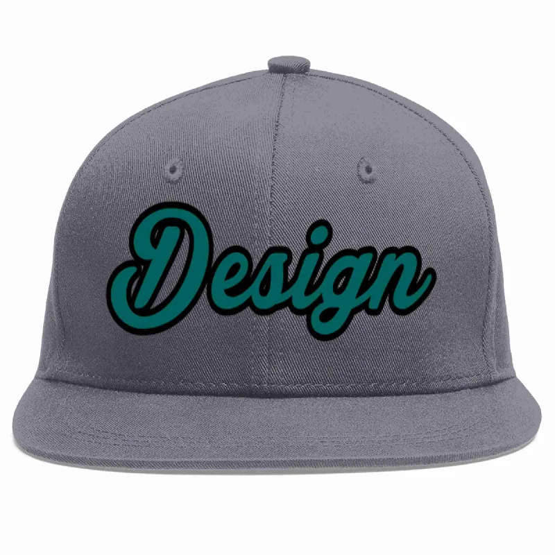 Baseball Cap With Cool Patches-Custom Dark Gray Aqua-Black Flat Eaves Sport Baseball Cap Design for Men/Women/Youth