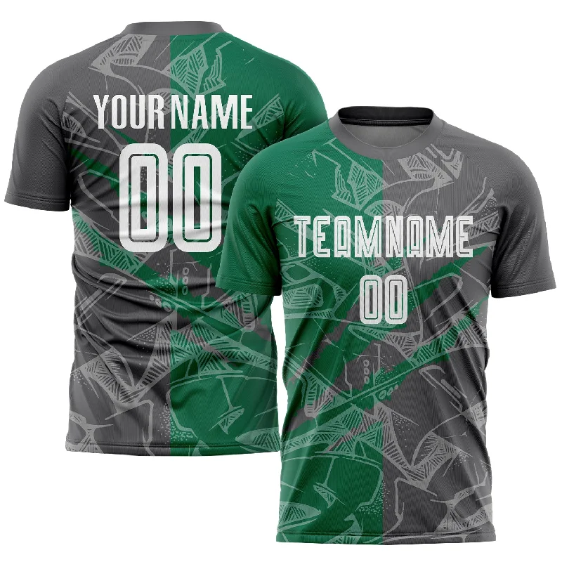 Football Jersey For High School Leagues-Custom Graffiti Pattern Kelly Green-Steel Gray Scratch Sublimation Soccer Uniform Jersey