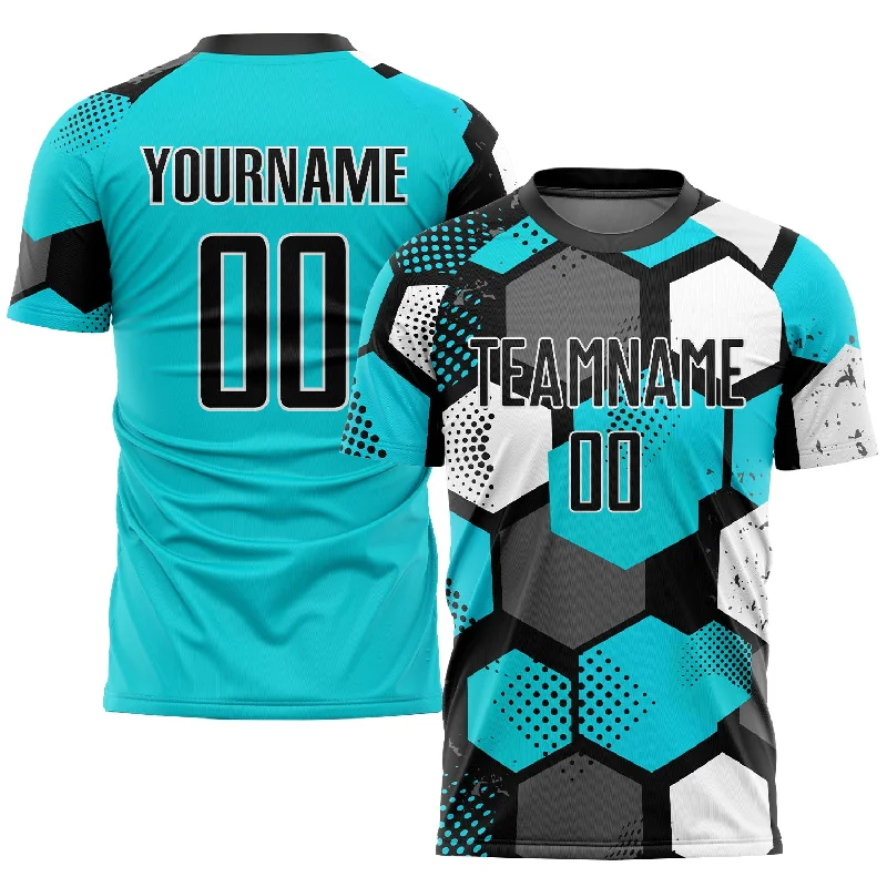 Football Jersey For Fundraising Products-Custom Aqua Black-White Sublimation Soccer Uniform Jersey