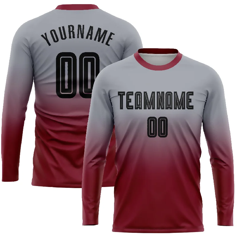 Football Jersey For Tournament-Custom Gray Black-Crimson Sublimation Long Sleeve Fade Fashion Soccer Uniform Jersey