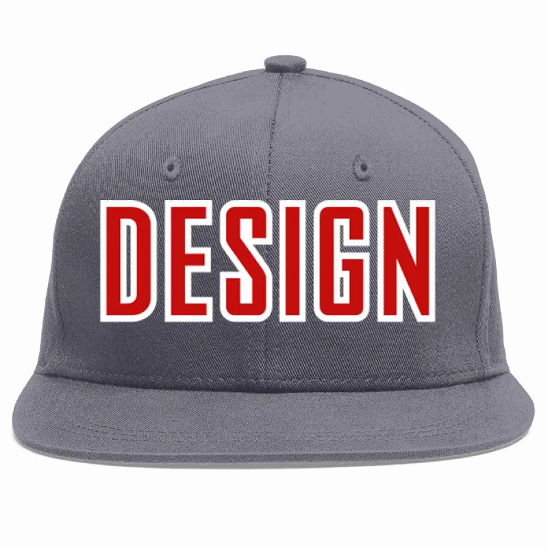 Baseball Cap For Sports Fans-Custom Dark Gray Red-White Flat Eaves Sport Baseball Cap Design for Men/Women/Youth