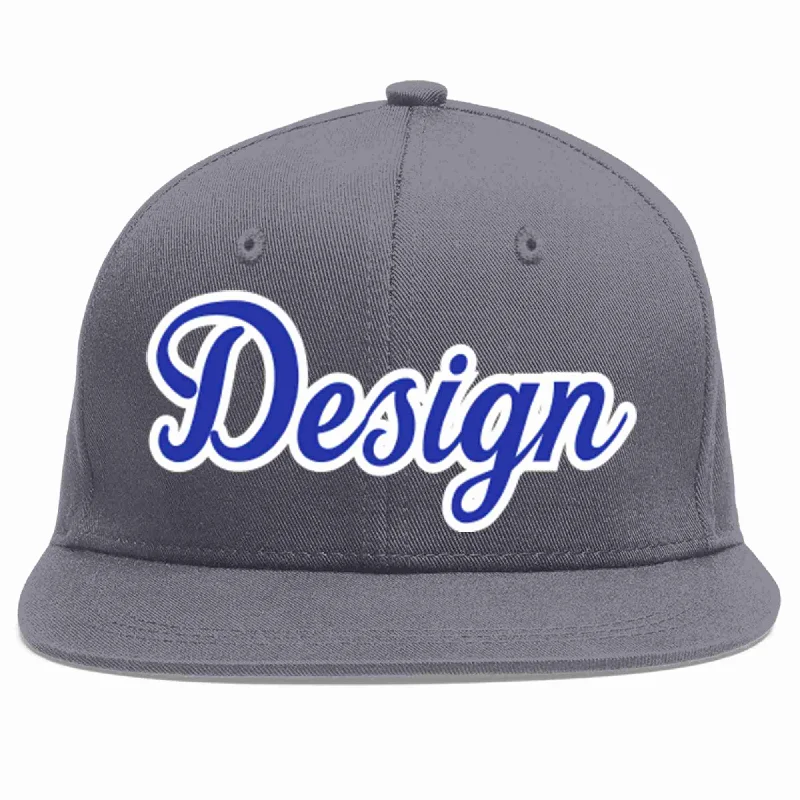 Baseball Cap With Fun Designs-Custom Dark Gray Royal-White Flat Eaves Sport Baseball Cap Design for Men/Women/Youth